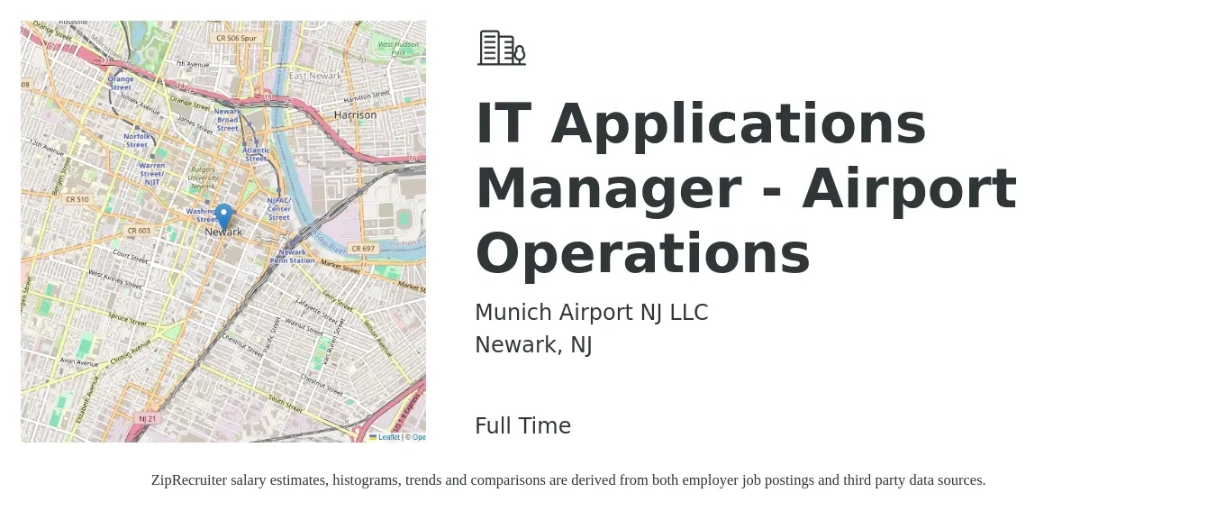Munich Airport NJ LLC job posting for a IT Applications Manager - Airport Operations in Newark, NJ with a salary of $98,300 to $137,700 Yearly with a map of Newark location.