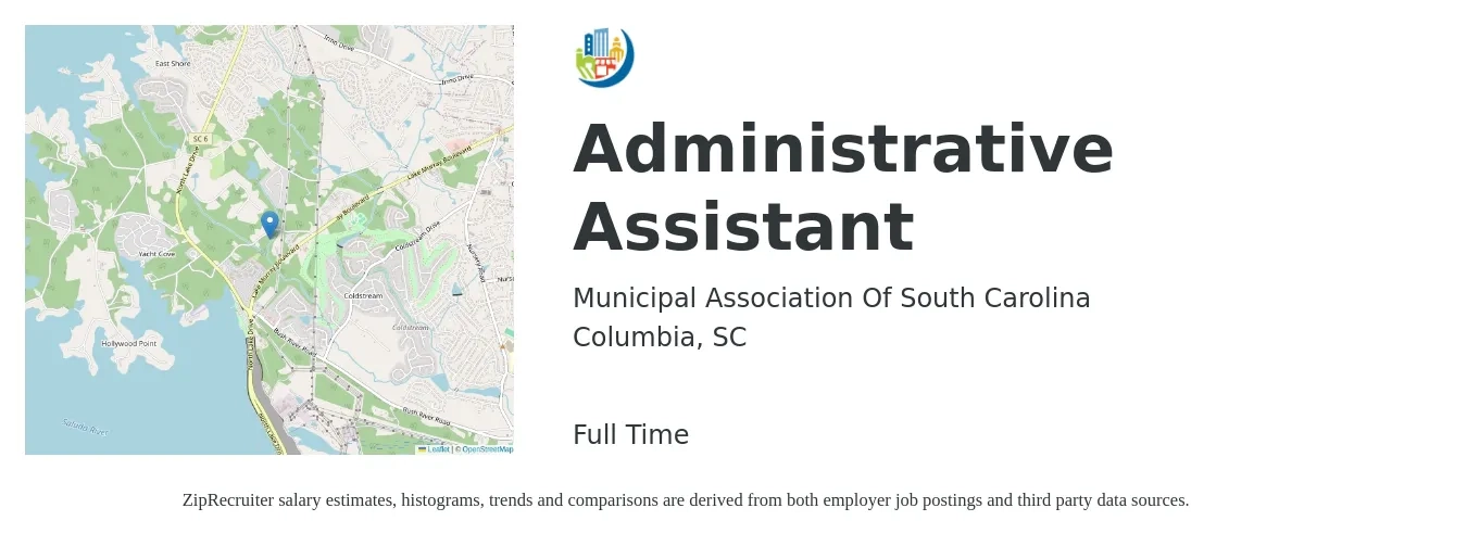 Municipal Association Of South Carolina job posting for a Administrative Assistant in Columbia, SC with a salary of $17 to $22 Hourly with a map of Columbia location.