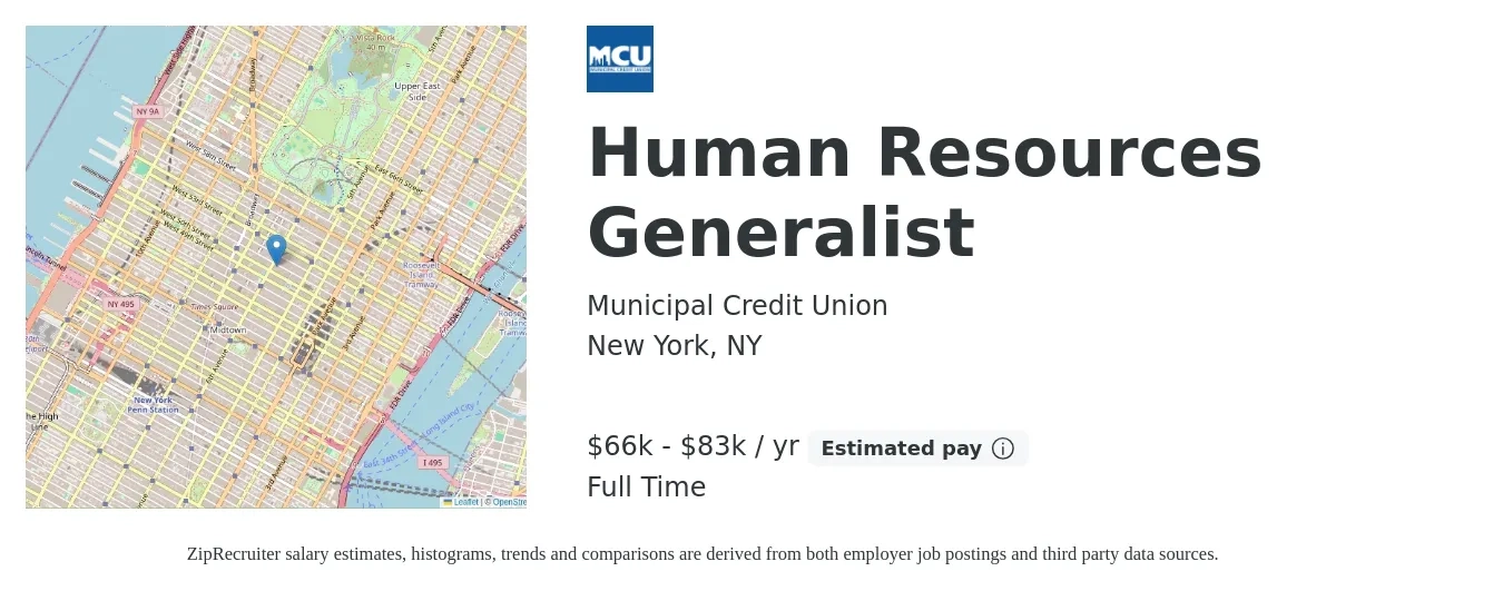 Municipal Credit Union job posting for a Human Resources Generalist in New York, NY with a salary of $66,640 to $83,300 Yearly with a map of New York location.