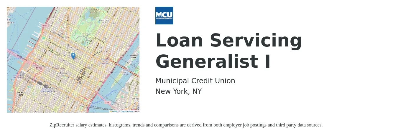 Municipal Credit Union job posting for a Loan Servicing Generalist I in New York, NY with a salary of $18 to $29 Hourly with a map of New York location.