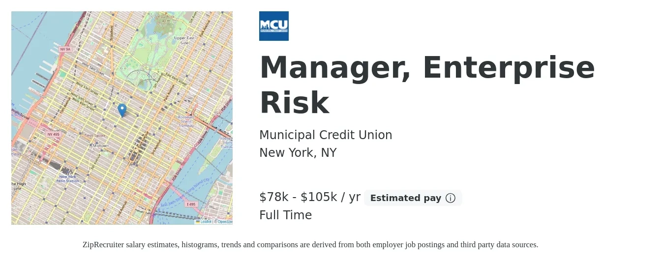 Municipal Credit Union job posting for a Manager, Enterprise Risk in New York, NY with a salary of $78,400 to $105,000 Yearly with a map of New York location.