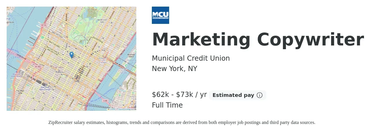 Municipal Credit Union job posting for a Marketing Copywriter in New York, NY with a salary of $62,400 to $73,058 Yearly with a map of New York location.
