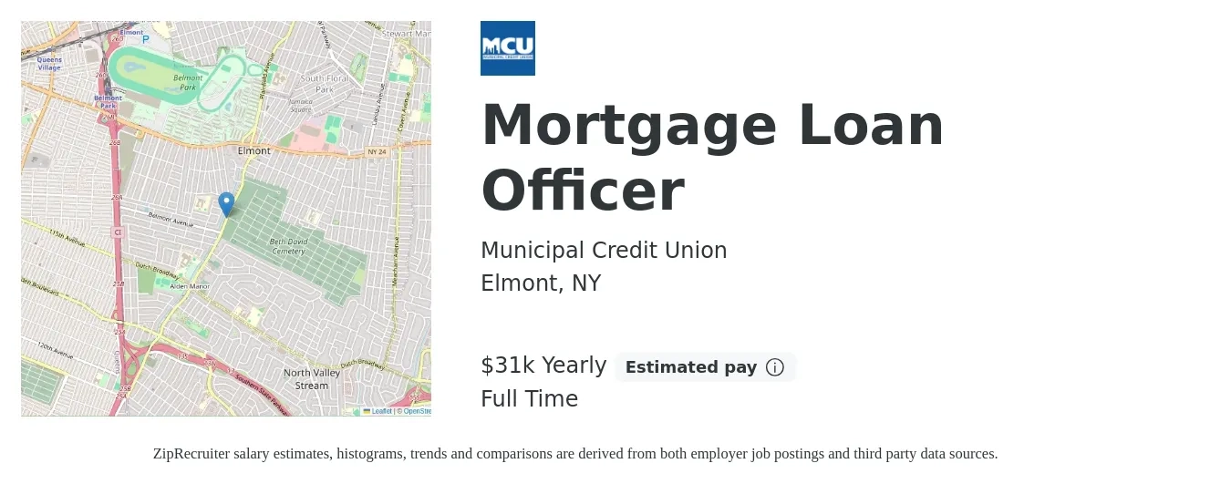 Municipal Credit Union job posting for a Mortgage Loan Officer in Elmont, NY with a salary of $31,200 Yearly with a map of Elmont location.