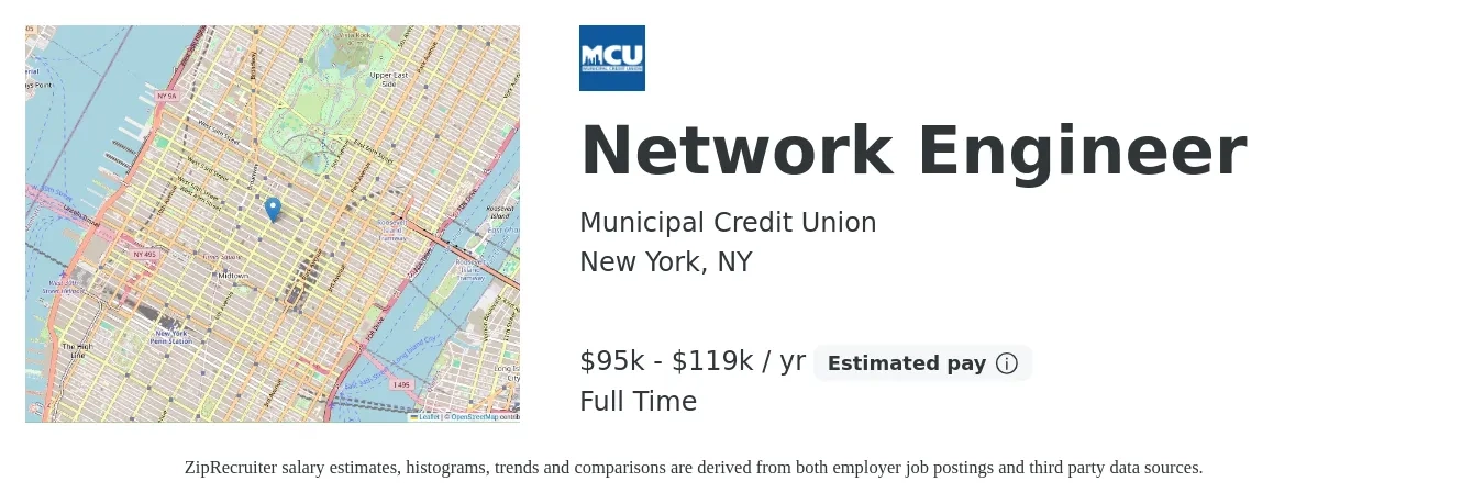 Municipal Credit Union job posting for a Network Engineer in New York, NY with a salary of $95,200 to $119,000 Yearly with a map of New York location.