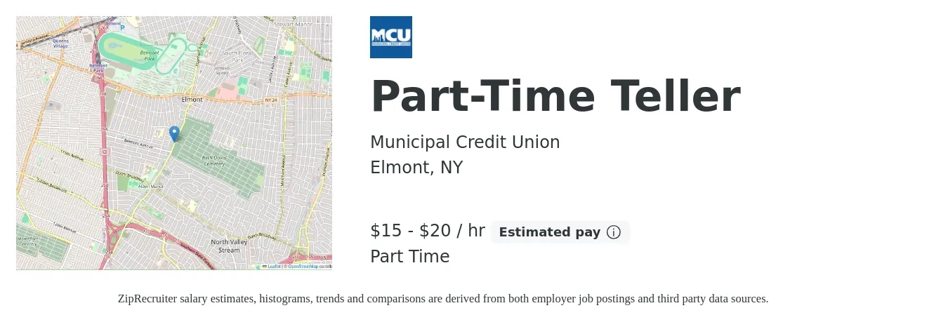 Municipal Credit Union job posting for a Part-Time Teller in Elmont, NY with a salary of $16 to $21 Hourly with a map of Elmont location.