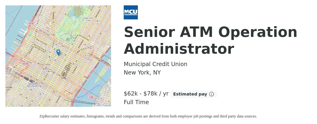Municipal Credit Union job posting for a Senior ATM Operation Administrator in New York, NY with a salary of $62,400 to $78,950 Yearly with a map of New York location.