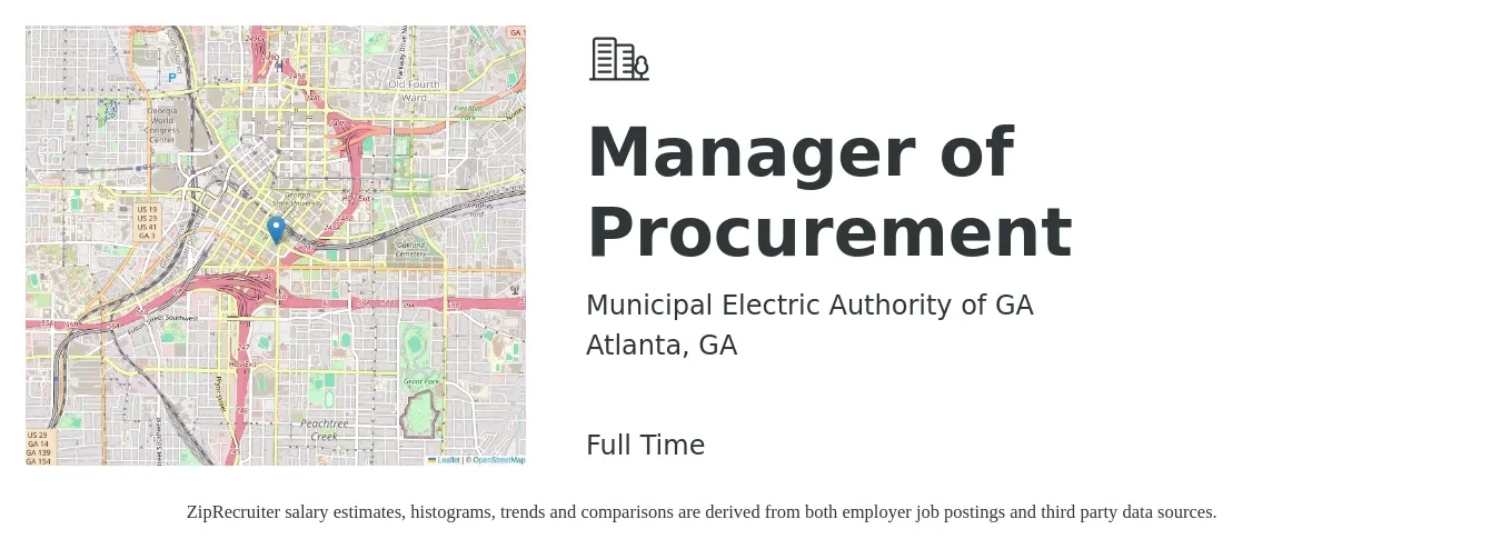 Municipal Electric Authority of GA job posting for a Manager of Procurement in Atlanta, GA with a salary of $71,200 to $109,600 Yearly with a map of Atlanta location.