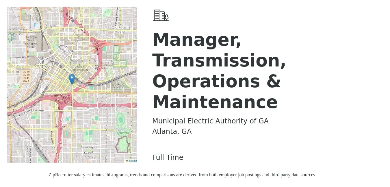 Municipal Electric Authority of GA job posting for a Manager, Transmission, Operations & Maintenance in Atlanta, GA with a salary of $116,400 to $141,400 Yearly with a map of Atlanta location.