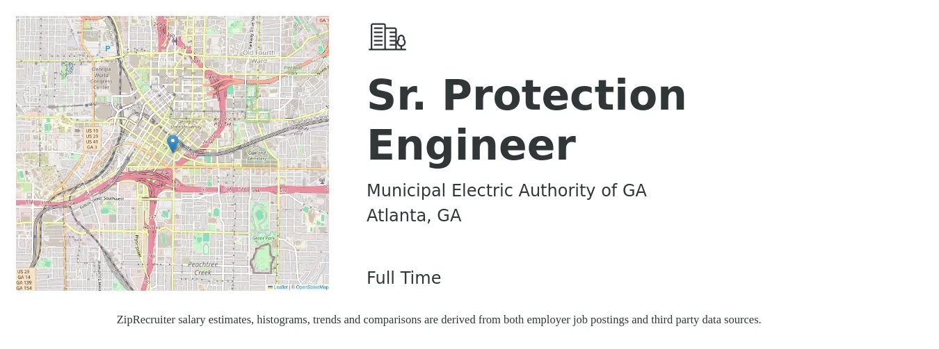 Municipal Electric Authority of GA job posting for a Sr. Protection Engineer in Atlanta, GA with a salary of $98,600 to $125,000 Yearly with a map of Atlanta location.