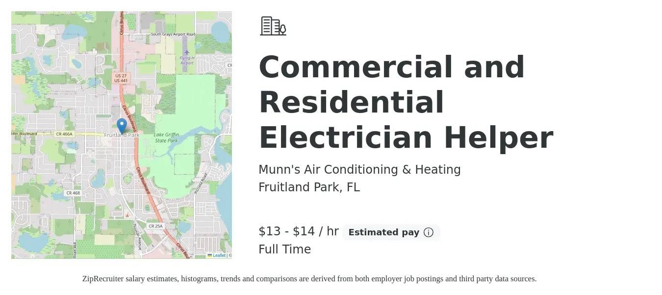 Munn's Air Conditioning & Heating job posting for a Commercial and Residential Electrician Helper in Fruitland Park, FL with a salary of $14 to $15 Hourly with a map of Fruitland Park location.
