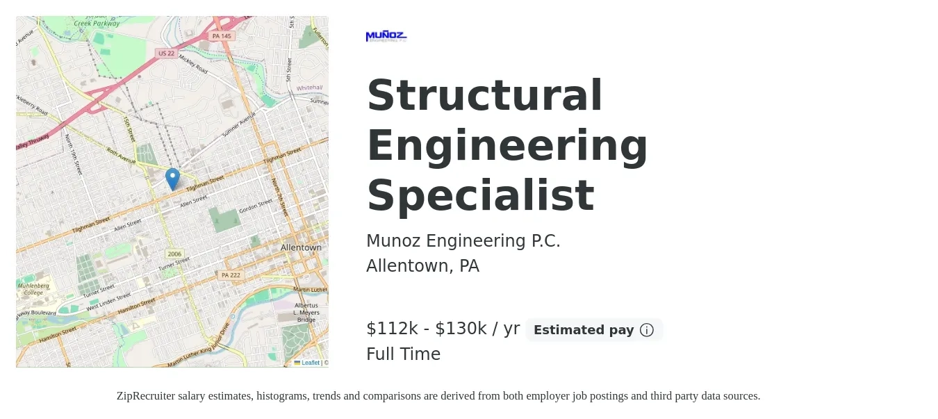 Munoz Engineering P.C. job posting for a Structural Engineering Specialist in Allentown, PA with a salary of $112,800 to $130,200 Yearly with a map of Allentown location.