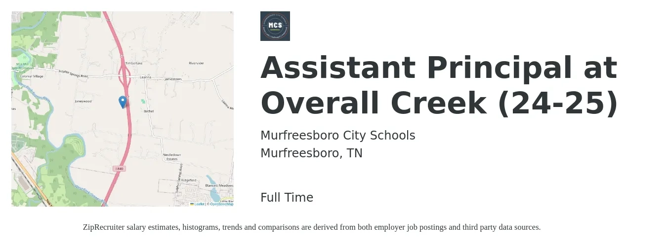 Murfreesboro City Schools job posting for a Assistant Principal at Overall Creek (24-25) in Murfreesboro, TN with a salary of $60,900 to $86,900 Yearly with a map of Murfreesboro location.
