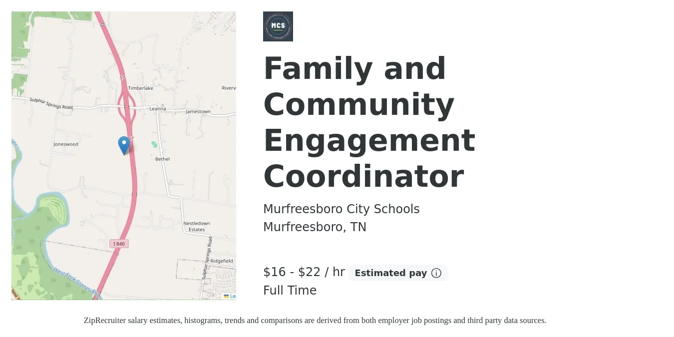 Murfreesboro City Schools job posting for a Family and Community Engagement Coordinator in Murfreesboro, TN with a salary of $35,735 to $48,345 Yearly with a map of Murfreesboro location.