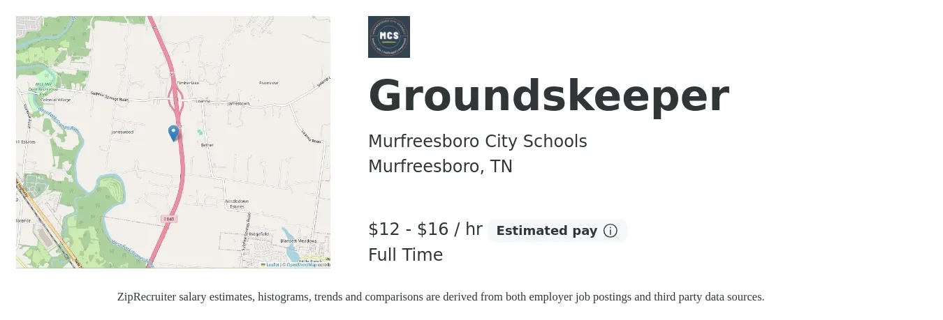 Murfreesboro City Schools job posting for a Groundskeeper in Murfreesboro, TN with a salary of $13 to $17 Hourly with a map of Murfreesboro location.