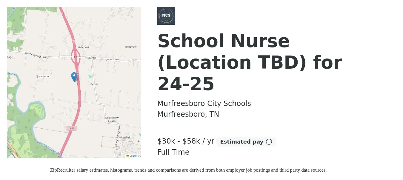 Murfreesboro City Schools job posting for a School Nurse (Location TBD) for 24-25 in Murfreesboro, TN with a salary of $30,041 to $58,045 Yearly with a map of Murfreesboro location.