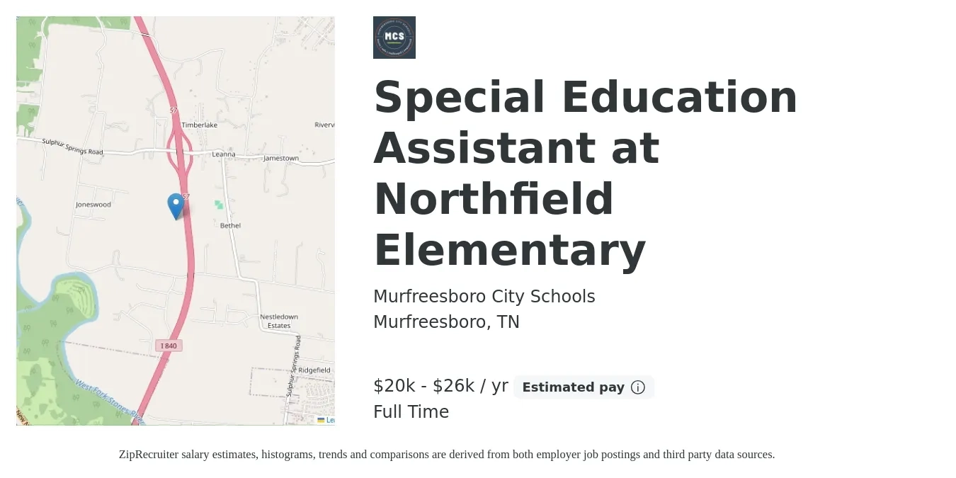 Murfreesboro City Schools job posting for a Special Education Assistant at Northfield Elementary in Murfreesboro, TN with a salary of $20,966 to $26,921 Yearly with a map of Murfreesboro location.