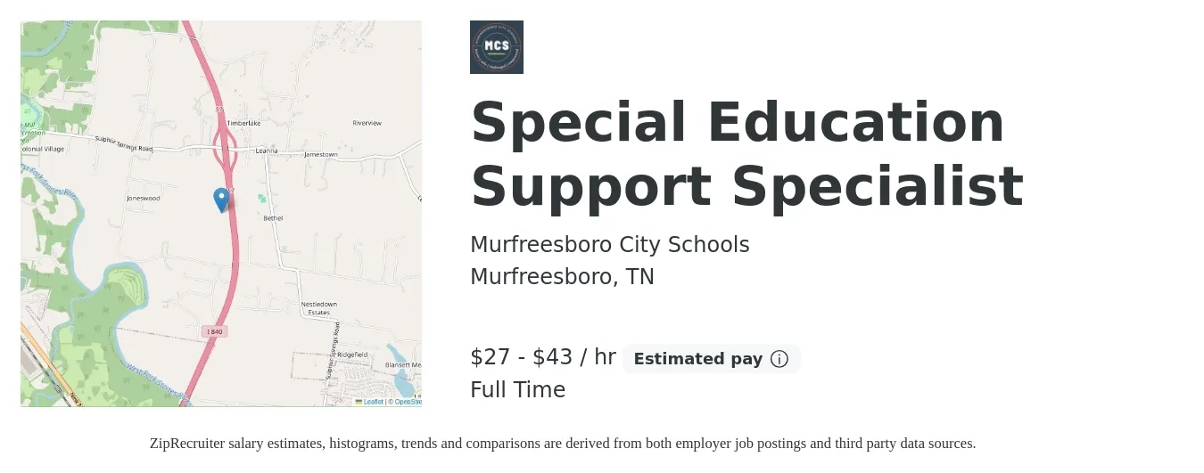 Murfreesboro City Schools job posting for a Special Education Support Specialist in Murfreesboro, TN with a salary of $60,060 to $94,150 Yearly with a map of Murfreesboro location.