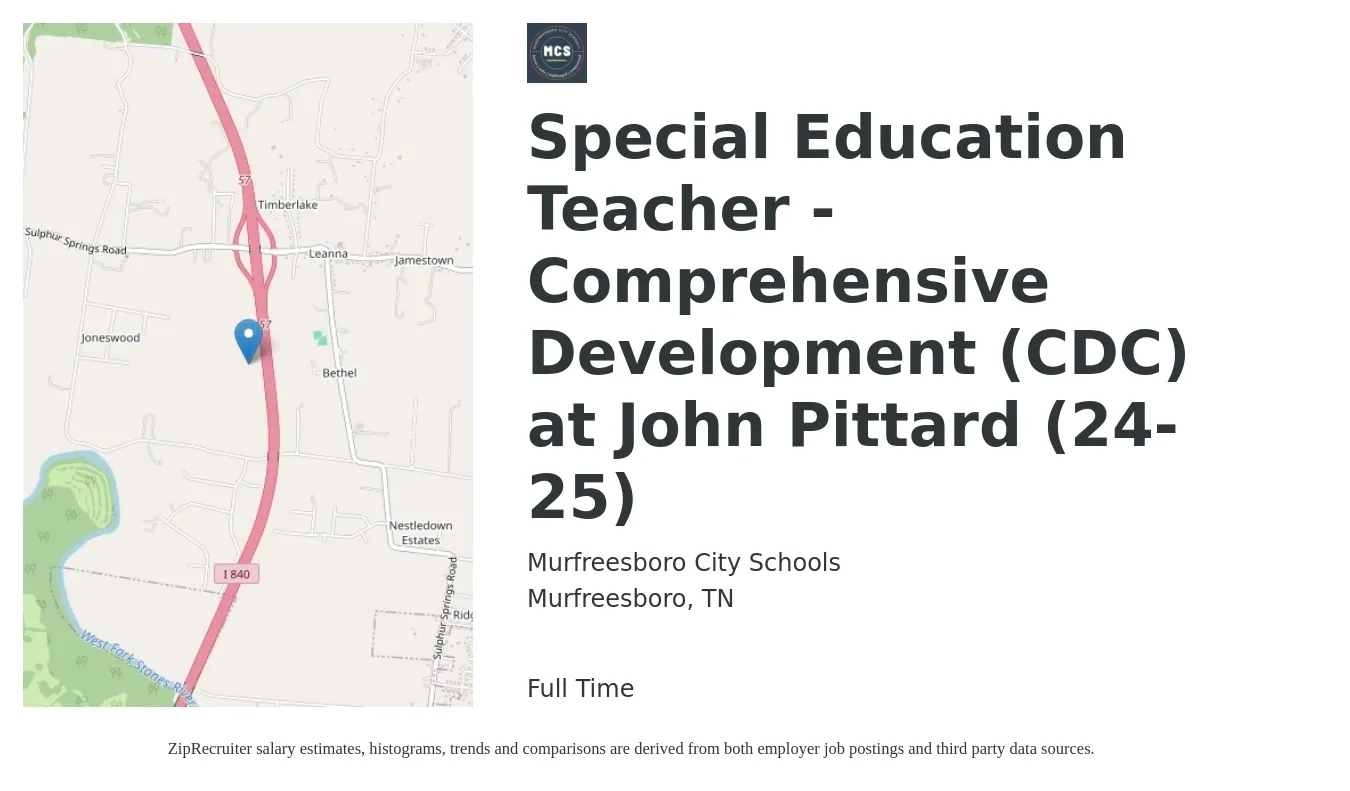 Murfreesboro City Schools job posting for a Special Education Teacher - Comprehensive Development (CDC) at John Pittard (24-25) in Murfreesboro, TN with a salary of $50,000 to $92,552 Yearly with a map of Murfreesboro location.