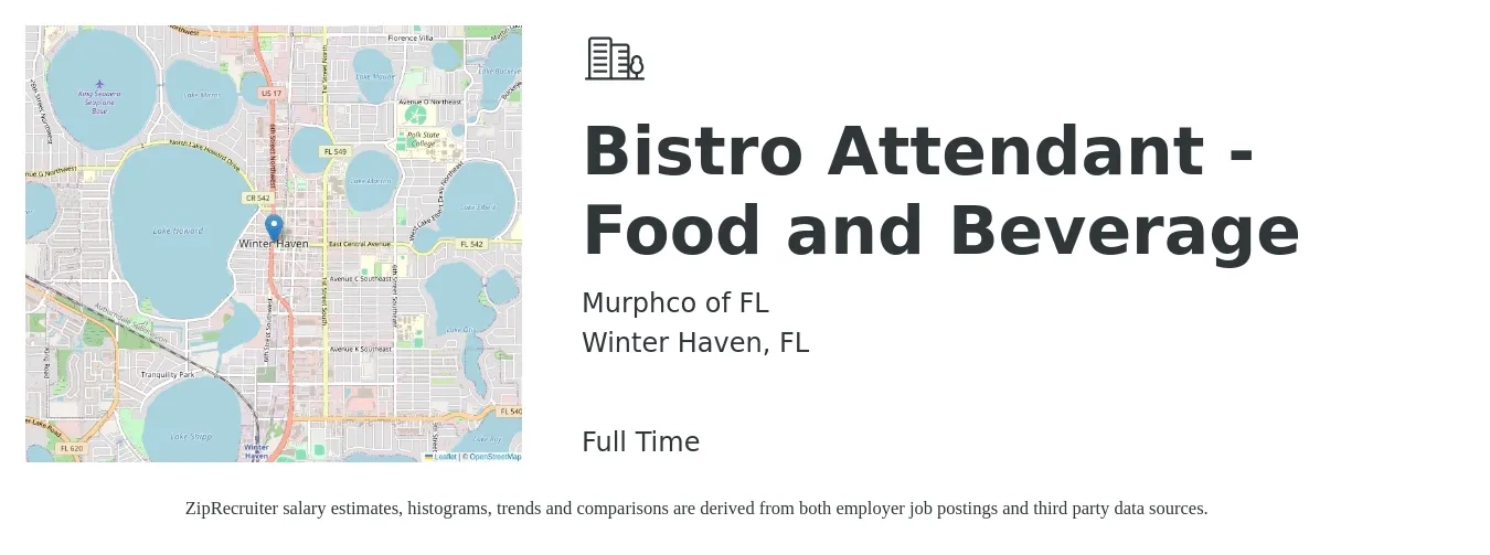 Murphco of FL job posting for a Bistro Attendant - Food and Beverage in Winter Haven, FL with a salary of $12 to $15 Hourly with a map of Winter Haven location.