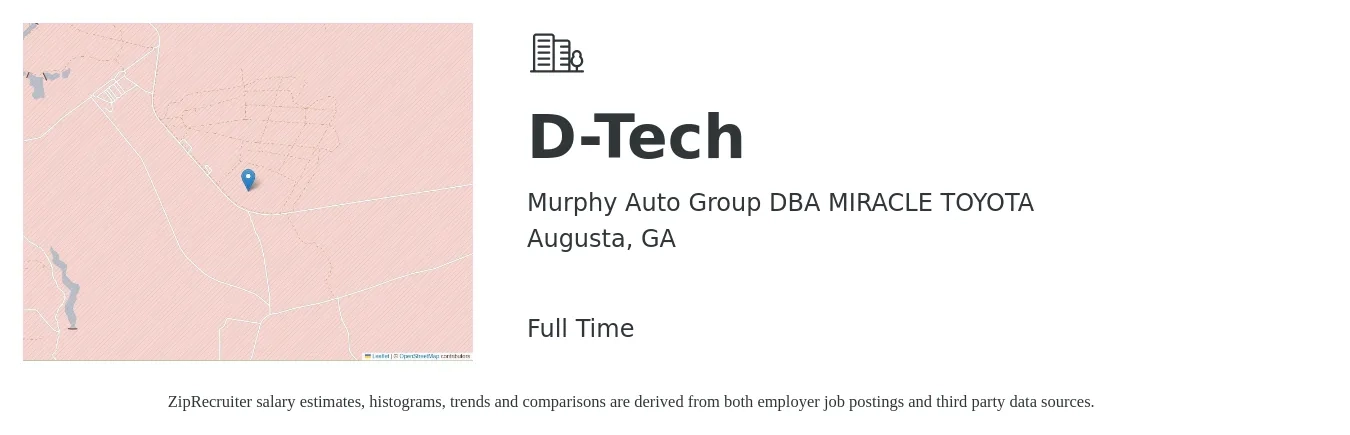 Murphy Auto Group DBA MIRACLE TOYOTA job posting for a D-Tech in Augusta, GA with a salary of $11 to $15 Hourly with a map of Augusta location.
