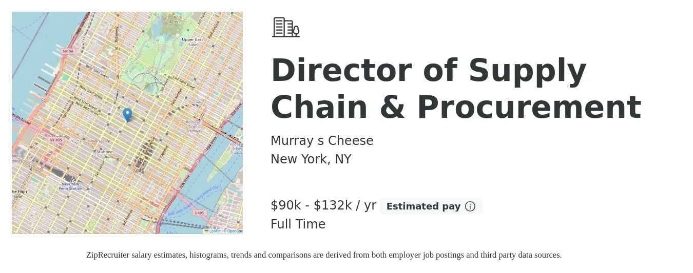Murray s Cheese job posting for a Director of Supply Chain & Procurement in New York, NY with a salary of $90,000 to $132,000 Yearly with a map of New York location.