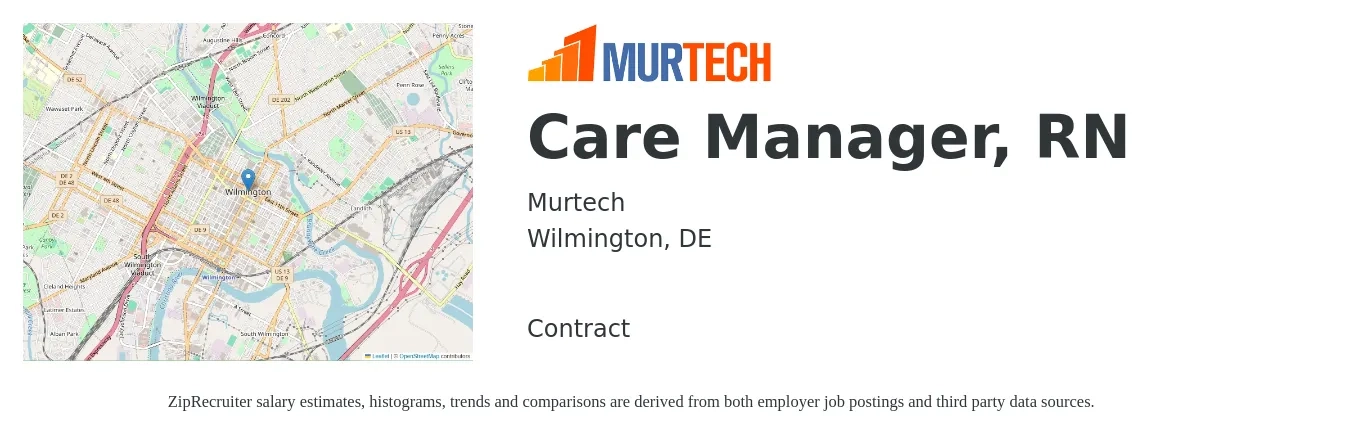 Murtech job posting for a Care Manager, RN in Wilmington, DE with a salary of $36 to $52 Hourly with a map of Wilmington location.