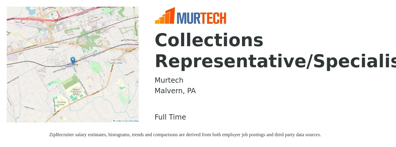 Murtech job posting for a Collections Representative/Specialist in Malvern, PA with a salary of $18 to $24 Hourly with a map of Malvern location.