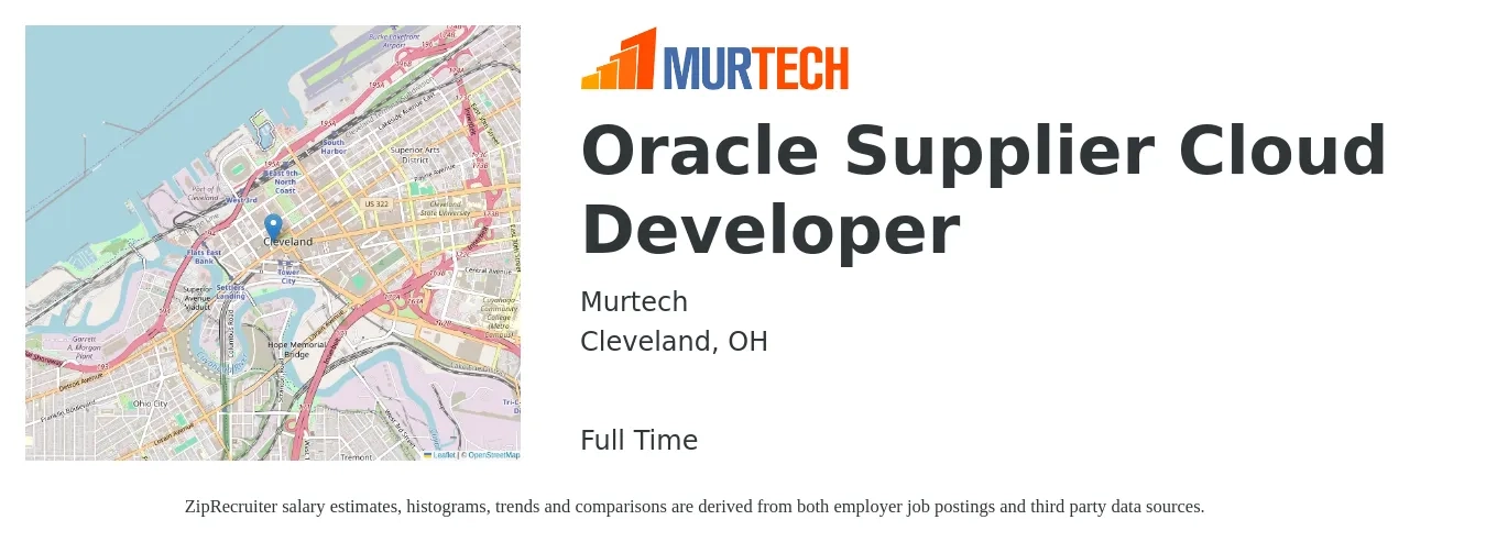 Murtech job posting for a Oracle Supplier Cloud Developer in Cleveland, OH with a salary of $55 to $68 Hourly with a map of Cleveland location.