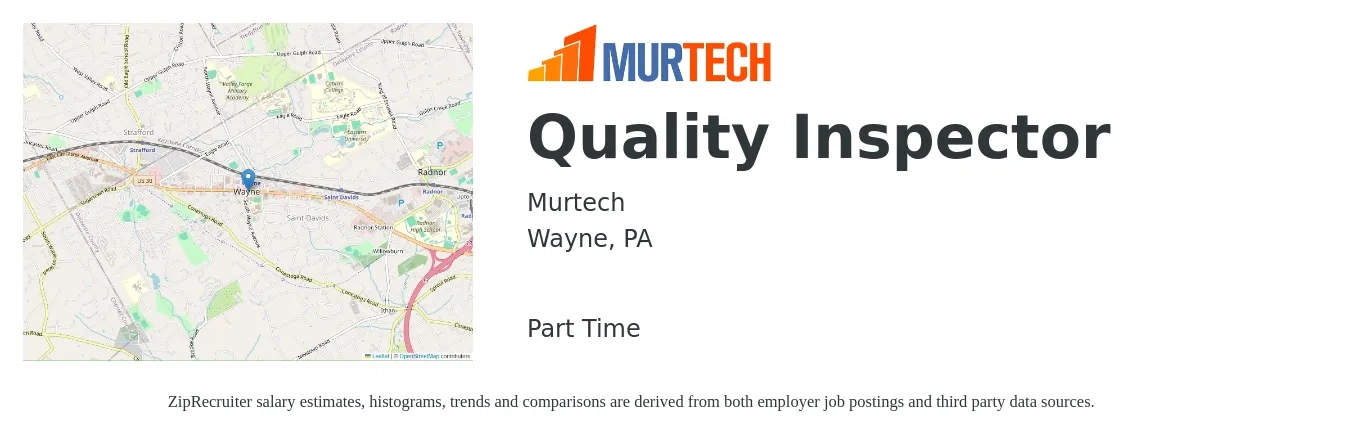 Murtech job posting for a Quality Inspector in Wayne, PA with a salary of $15 to $22 Hourly with a map of Wayne location.