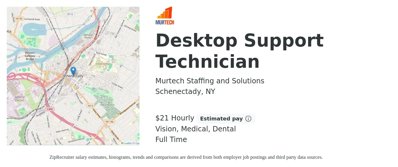 Murtech Staffing and Solutions job posting for a Desktop Support Technician in Schenectady, NY with a salary of $22 Hourly and benefits including medical, vision, and dental with a map of Schenectady location.