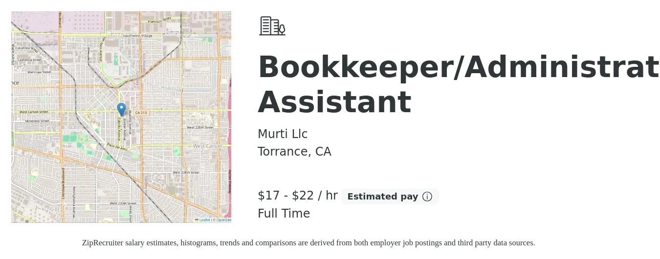 Murti Llc job posting for a Bookkeeper/Administrative Assistant in Torrance, CA with a salary of $18 to $23 Hourly with a map of Torrance location.