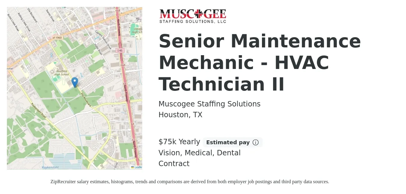 Muscogee Staffing Solutions job posting for a Senior Maintenance Mechanic - HVAC Technician II in Houston, TX with a salary of $75,000 Yearly and benefits including dental, life_insurance, medical, retirement, and vision with a map of Houston location.