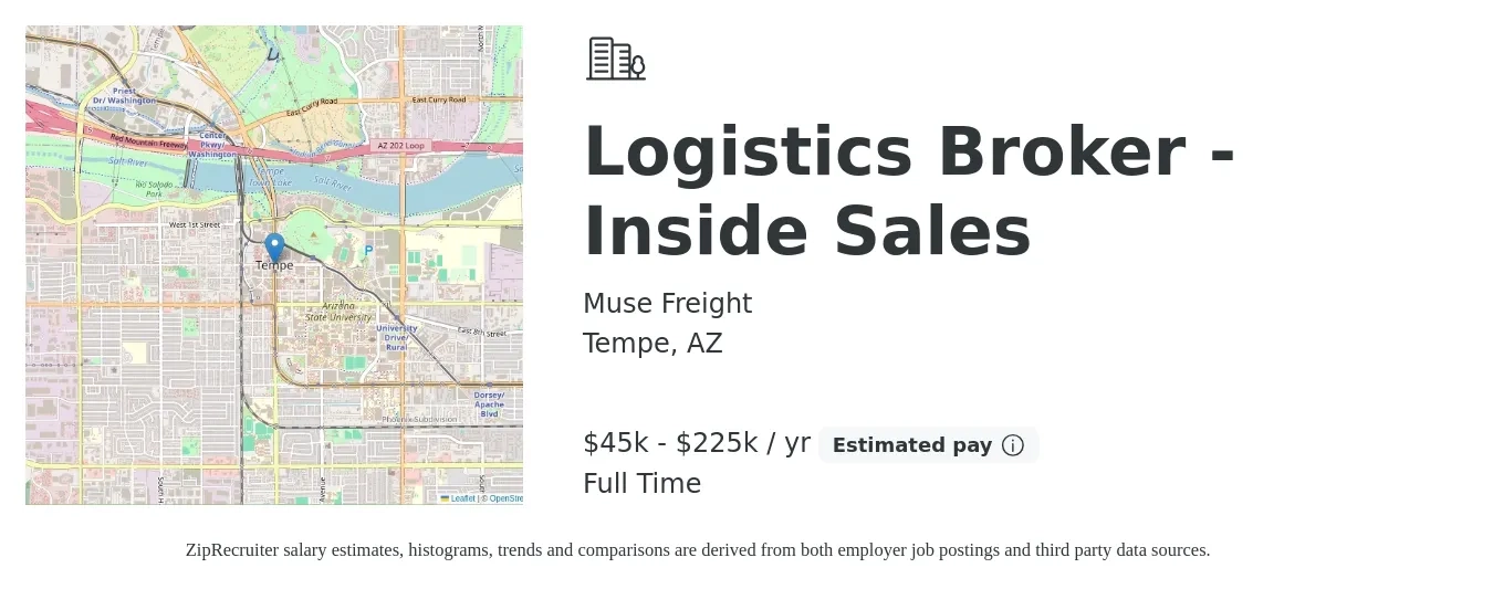 Muse Freight job posting for a Logistics Broker - Inside Sales in Tempe, AZ with a salary of $45,000 to $225,000 Yearly with a map of Tempe location.