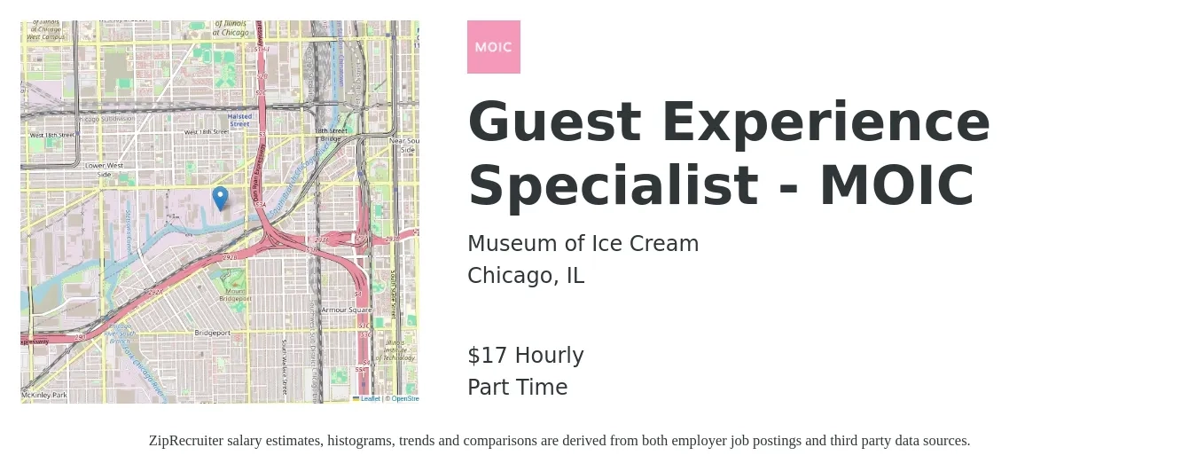 Museum of Ice Cream job posting for a Guest Experience Specialist - MOIC in Chicago, IL with a salary of $18 Hourly with a map of Chicago location.