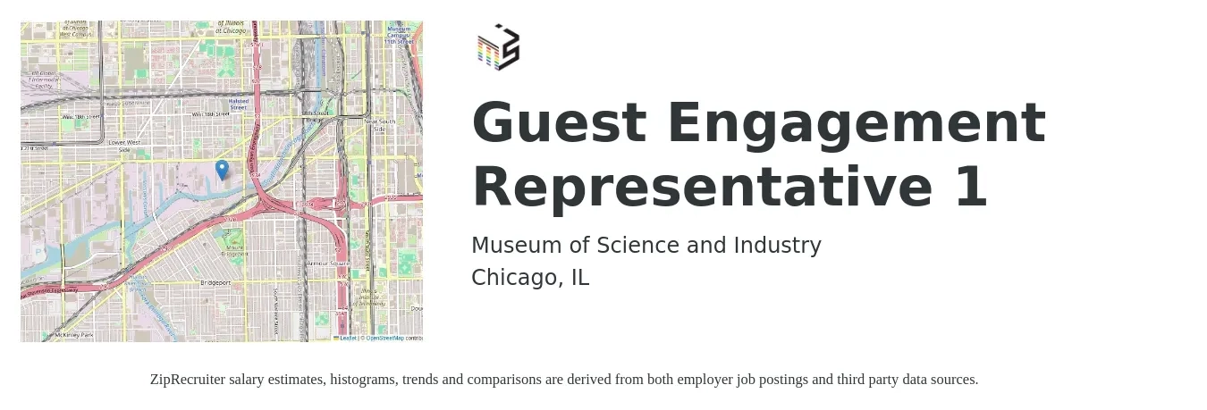 Museum of Science and Industry job posting for a Guest Engagement Representative 1 in Chicago, IL with a salary of $37,100 to $57,200 Yearly with a map of Chicago location.