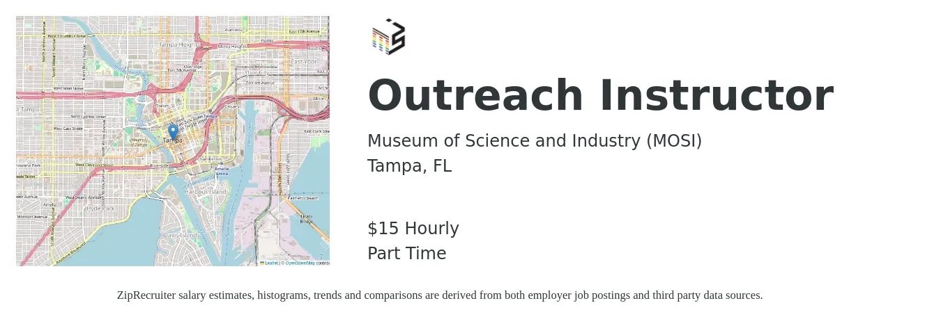 Museum of Science and Industry (MOSI) job posting for a Outreach Instructor in Tampa, FL with a salary of $16 Hourly with a map of Tampa location.