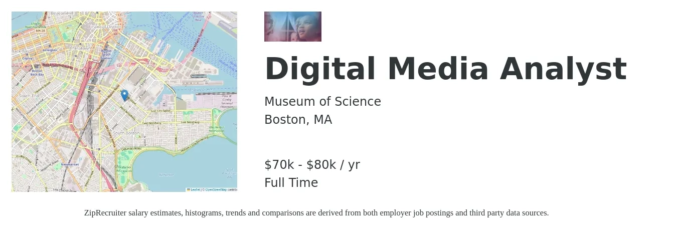 Museum of Science job posting for a Digital Media Analyst in Boston, MA with a salary of $70,000 to $80,000 Yearly with a map of Boston location.