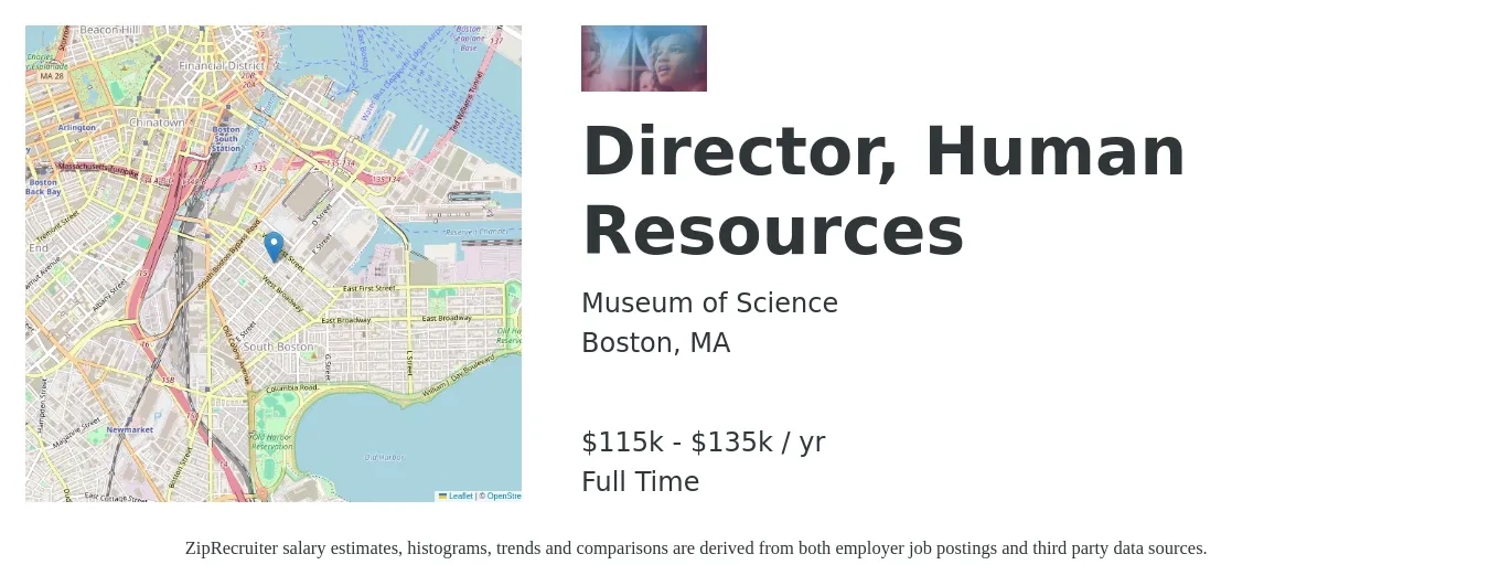 Museum of Science job posting for a Director, Human Resources in Boston, MA with a salary of $115,000 to $135,000 Yearly with a map of Boston location.