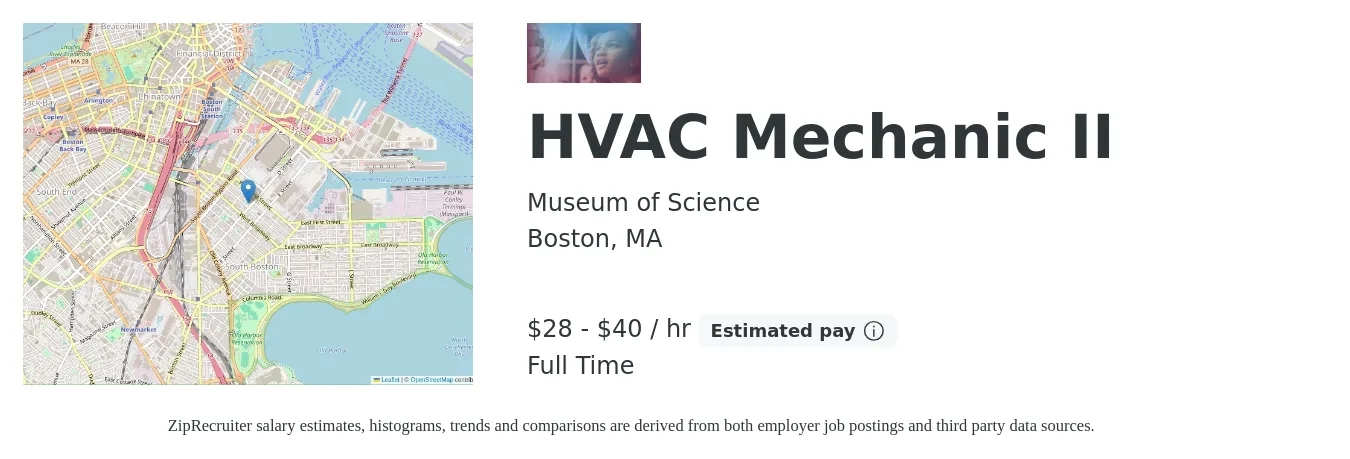 Museum of Science job posting for a HVAC Mechanic II in Boston, MA with a salary of $30 to $42 Hourly with a map of Boston location.