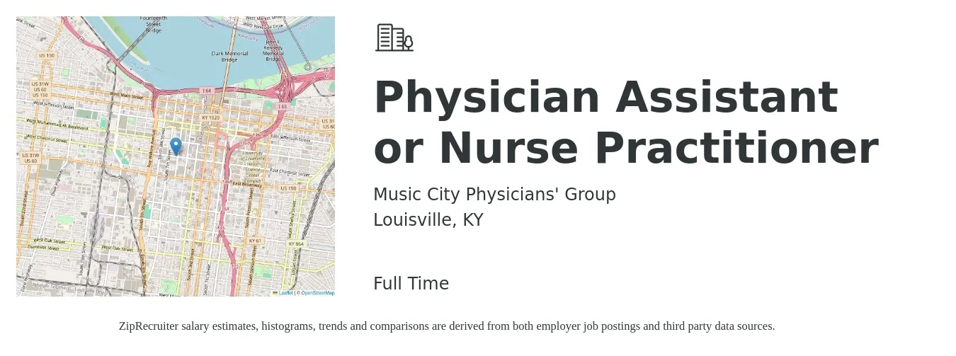 Music City Physicians' Group job posting for a Physician Assistant or Nurse Practitioner in Louisville, KY with a salary of $95,400 to $123,300 Yearly with a map of Louisville location.