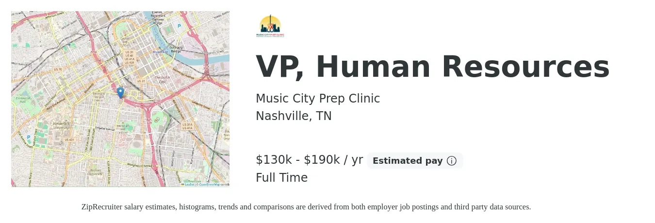 Music City Prep Clinic job posting for a VP, Human Resources in Nashville, TN with a salary of $130,000 to $190,000 Yearly with a map of Nashville location.