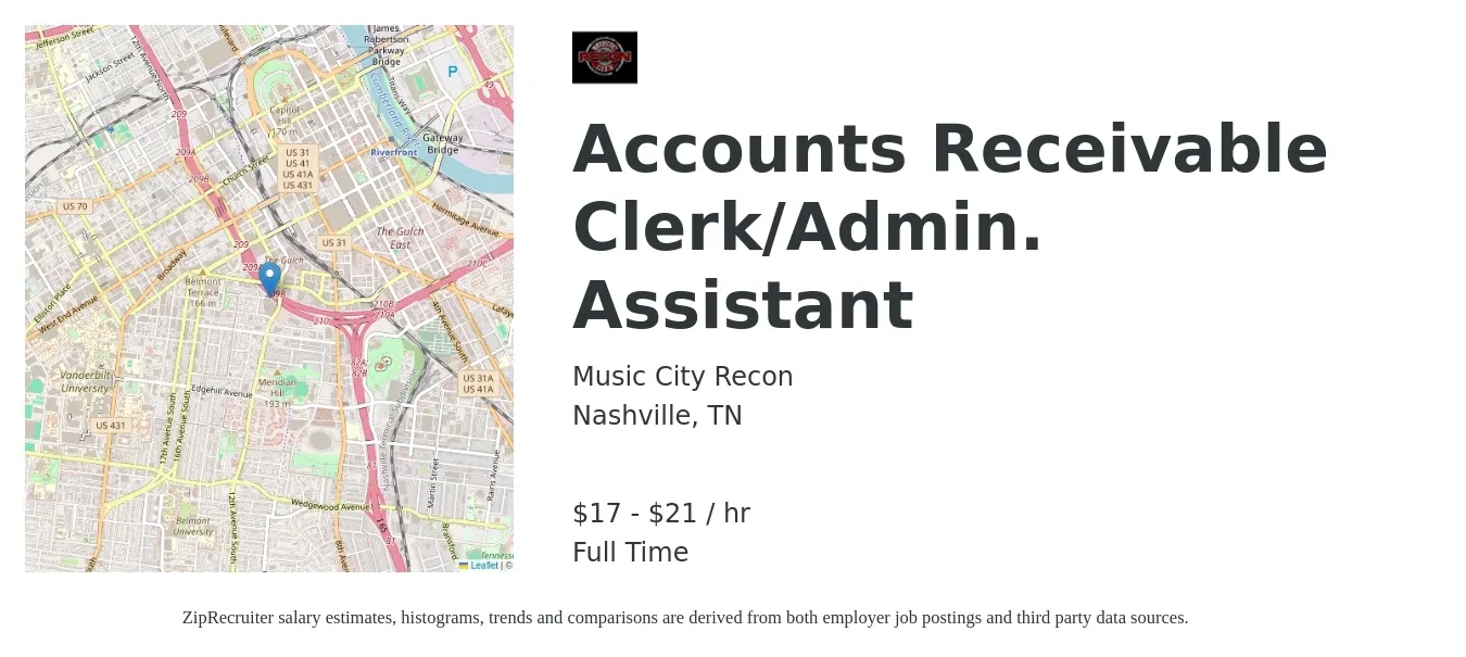 Music City Recon job posting for a Accounts Receivable Clerk/Admin. Assistant in Nashville, TN with a salary of $18 to $22 Hourly with a map of Nashville location.