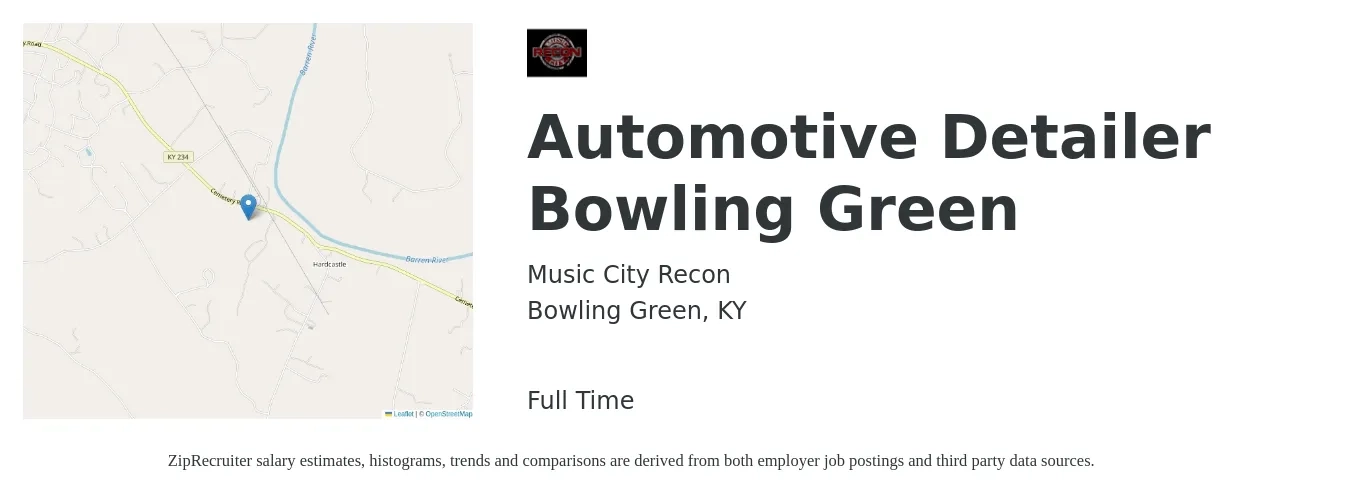 Music City Recon job posting for a Automotive Detailer Bowling Green in Bowling Green, KY with a salary of $800 Weekly with a map of Bowling Green location.