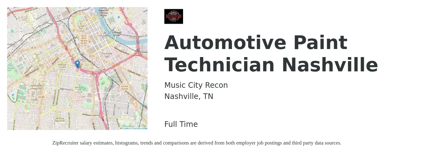 Music City Recon job posting for a Automotive Paint Technician Nashville in Nashville, TN with a salary of $800 to $1,500 Weekly with a map of Nashville location.