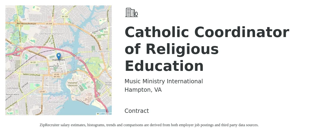 Music Ministry International job posting for a Catholic Coordinator of Religious Education in Hampton, VA with a salary of $46,400 to $72,500 Yearly with a map of Hampton location.