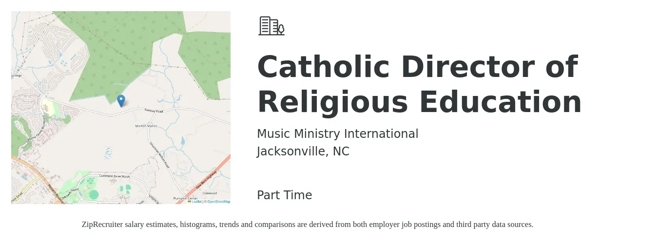 Music Ministry International job posting for a Catholic Director of Religious Education in Jacksonville, NC with a salary of $24 to $29 Hourly with a map of Jacksonville location.
