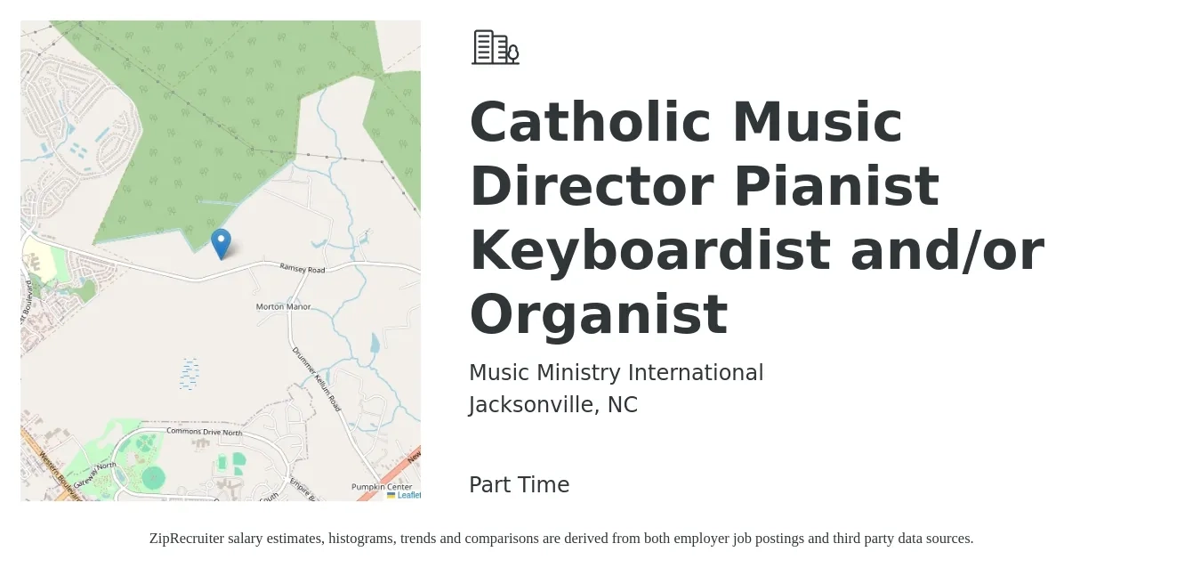 Music Ministry International job posting for a Catholic Music Director Pianist Keyboardist and/or Organist in Jacksonville, NC with a salary of $17 to $22 Hourly with a map of Jacksonville location.