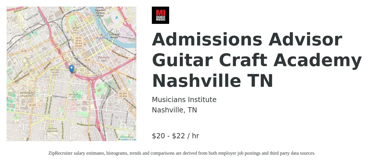 Musicians Institute job posting for a Admissions Advisor, Guitar Craft Academy, Nashville, TN in Nashville, TN with a salary of $22 to $24 Hourly and benefits including dental, life_insurance, medical, retirement, and vision with a map of Nashville location.