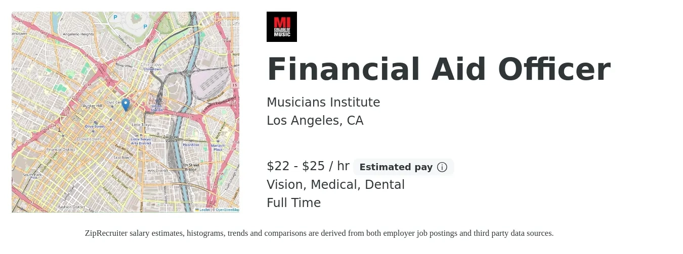 Musicians Institute job posting for a Financial Aid Officer in Los Angeles, CA with a salary of $23 to $27 Hourly and benefits including dental, life_insurance, medical, retirement, and vision with a map of Los Angeles location.