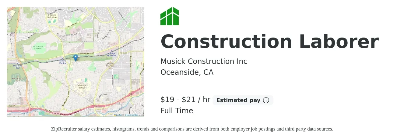 Musick Construction Inc job posting for a Construction Laborer in Oceanside, CA with a salary of $20 to $22 Hourly with a map of Oceanside location.
